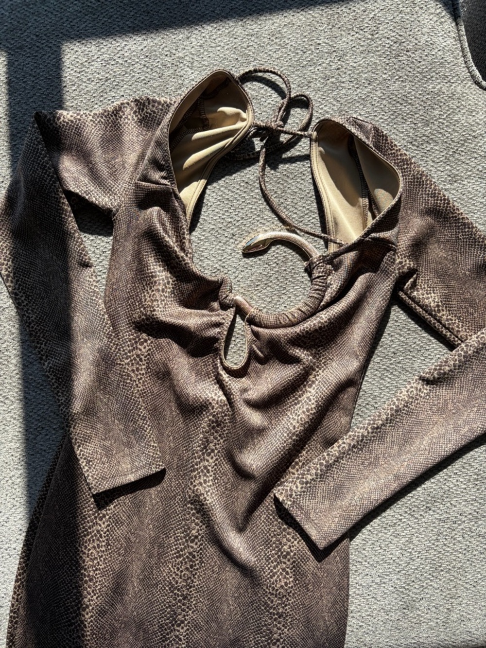 Brown Snakeskin-Print Long Sleeve Dress